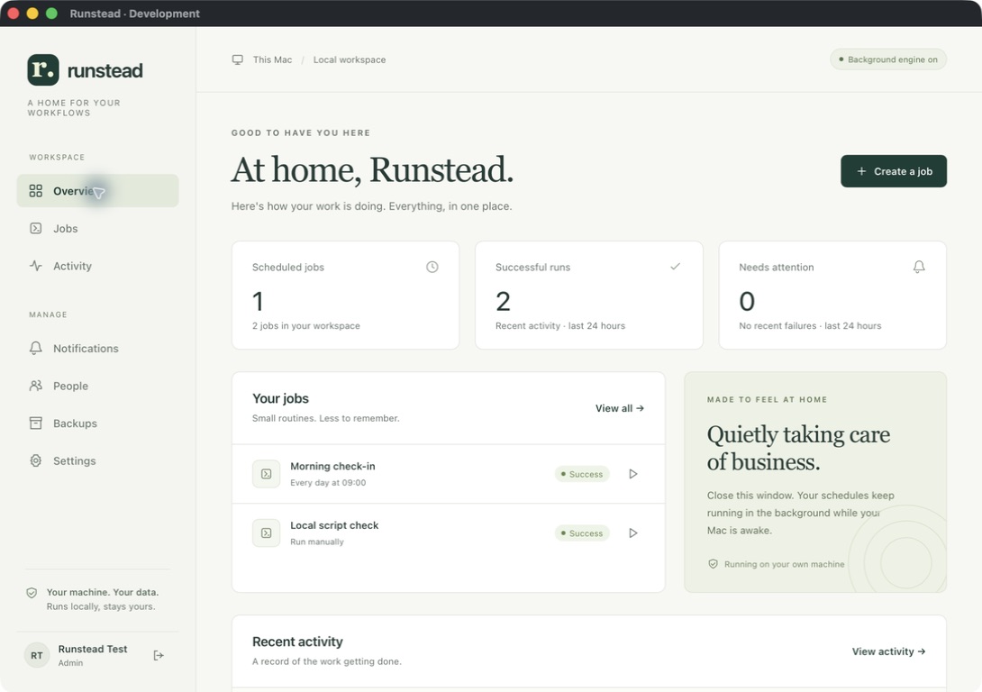 Development preview of Runstead showing scheduled jobs and recent runs